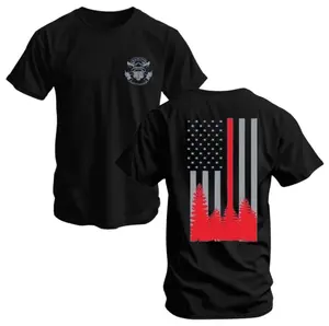 Wildland Firefighter T-Shirt, Thin Red Line American Flag with Forest Silhouette, Cotton Tee for Firefighters, Patriotic Outdoor Workwear