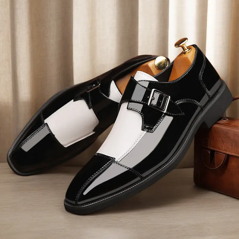Men's Two-Tone Monk Strap Dress Shoes, Black & White Patent Leather Formal Shoes32186