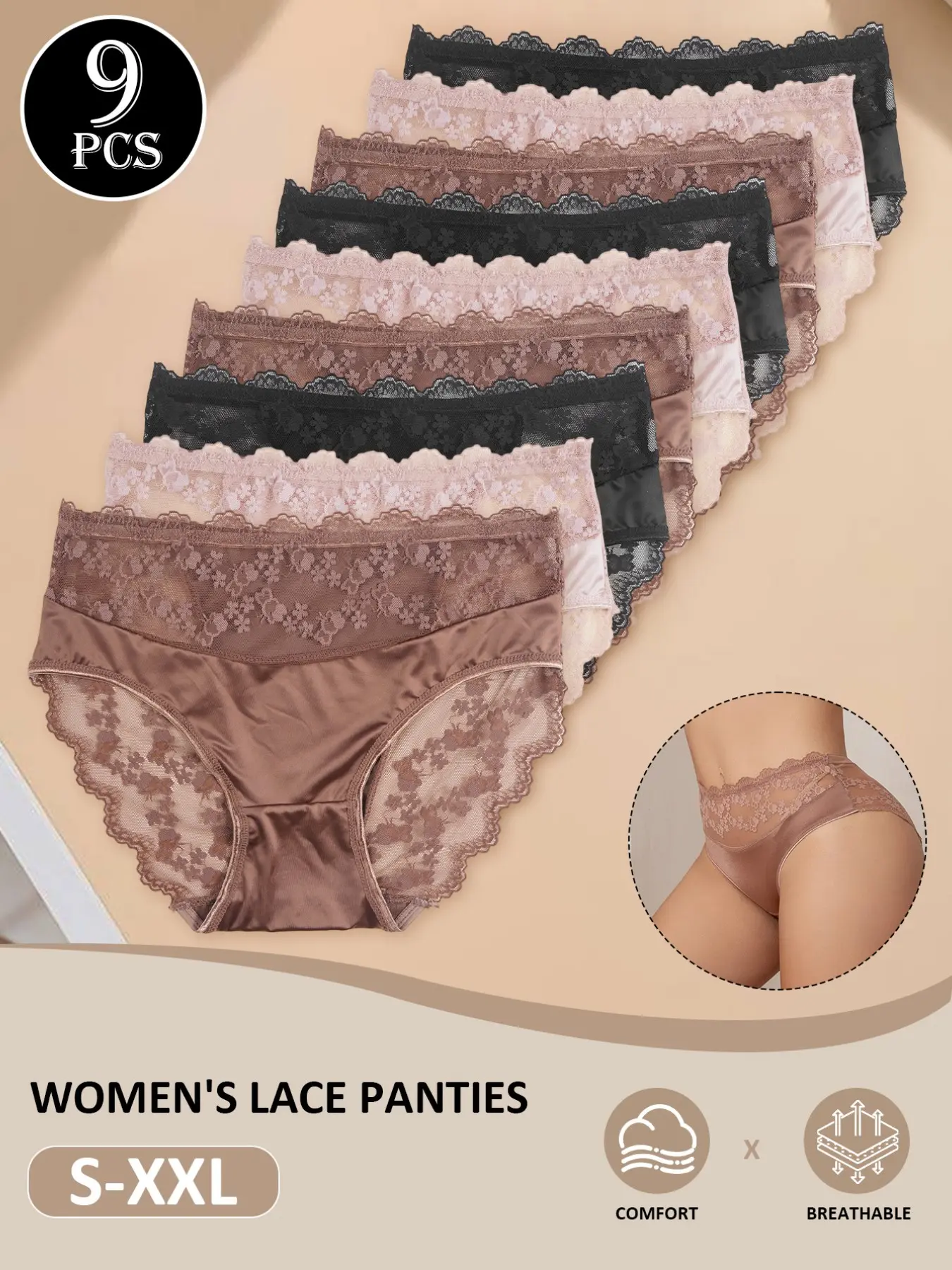 9-Piece Set Women's Satin Lace Underwear, Breathable Floral Trim Fashion Panties, All-Day Comfort Wear, Elegant and Stylish Lingerie, Womenswear