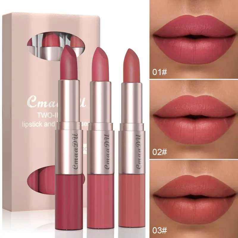 3pcs 2 In 1 Lipstick Lip Glossy Set Makeup Easy To Apply Matte Long Lasting Waterproof Double Ended Lipglossy Lipsticks Best Choice Cosmetic