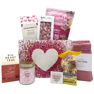 Itsonlynaturalgifts Cupid's Care Package Gift Basket with Caramels, Brooklyn Brittle, Cozy Socks, and More