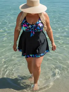 Loose and comfortable colorful triangle geometric printed front bow women's plus size Tankini set, Hawaiian style skirt style split flat angle swimming swimsuit, a must-have item for fashionable women's island carnival