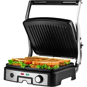 Electric Panini Press Sandwich Maker, 1500W Indoor Grill with Non-Stick Coated Plates, Temperature Control & Removable Drip Tray, Opens 180 Degrees to Fit Any Type/Size of Food, Silver GP1861BR