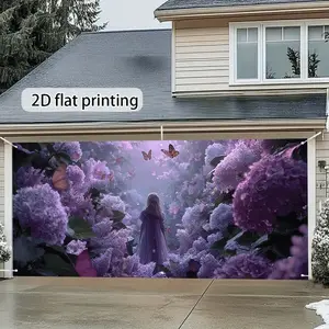 Dreamy Vine Garage Decoration Curtain, 2D Flat Print Butterfly Flying Romantic Scene, Home Outdoor Sunshade Curtains