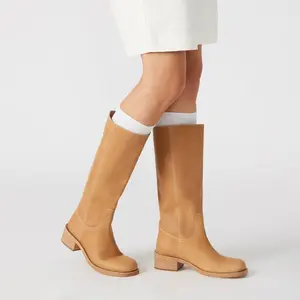 Women'sBananaKneeBootsSquareToeChunkyBlockHeelLongBootsWideCalfRidingBootsLowHeelPullonShoesCasualFootwear