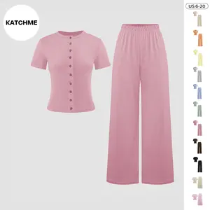 KatchMe Women's Casual Solid Color Button-Up Short Sleeve Top & Wide Leg Trousers Co-ord, Comfy Basic Two Piece Outfits, Comfortable Womenswear(US)