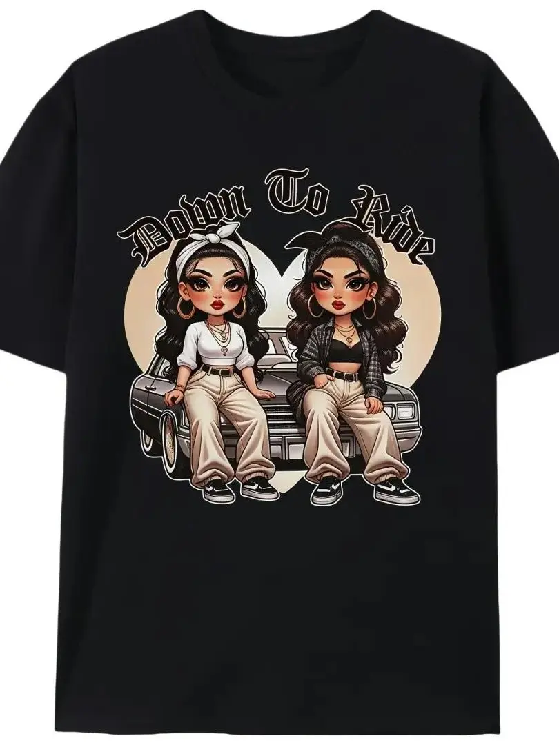 Women’s Fitted Knit Round Neck Short-Sleeve Graphic Tshirt, Down To Ride Chicana Lowrider Cotton Print Top, Latina Streetwear Casual Clothes, Summer Car Culture Gift
