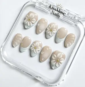 KissMuse Nails | SEA BREEZE BLOOM | ST-Y006 | 3D Floral Short Almond Press On Nails | Reusable Builder Gel Nails with Glue & Debonder Kit