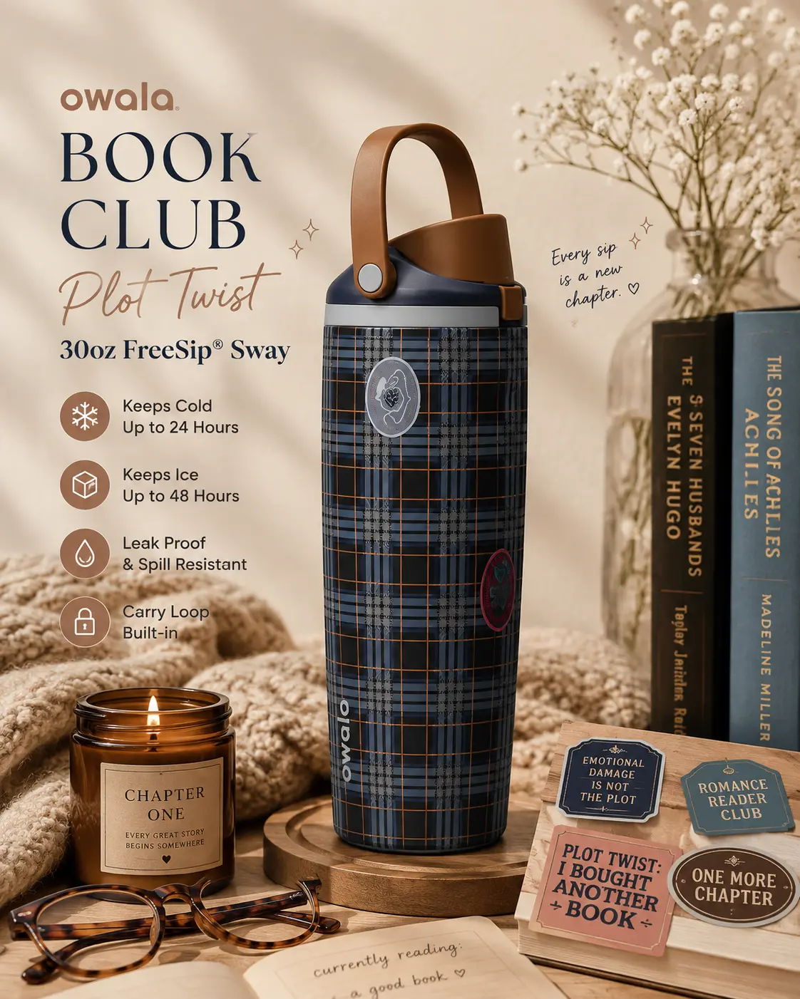 Owala Book Club Plot Twist 30oz FreeSip Sway Water Bottle – Insulated Stainless Steel Tumbler with Straw