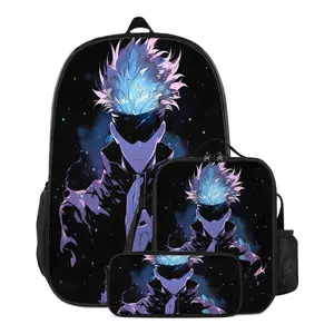 Jujutsu Kaisen Gojo Anime Backpack Set: 17-Inch Waterproof Bag + Insulated Lunch Tote + Compact Pencil Case for Commute, Work & Outdoor