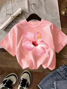 Girls' Flower Print T-Shirt - Soft &amp; Comfy Casual Summer Tee, Round Neck, White with Pink Floral Design, Perfect for Vacation or Casual Attire, Leisure Clothing, Relaxed Fit Shirt, Moderate Elasticity