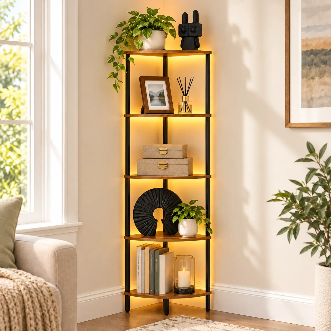 FXACYEM 5-Tier Wooden Corner Shelf with Remote LED Light, Multi-Purpose Display Storage Rack, Bookshelf Plant Stand for Living Room, Bedroom (Holds Clothes, Bags, Books)