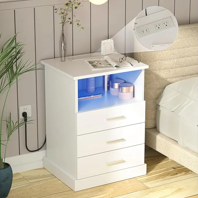 [SummerVibes] Vabches Modern Vanity LED Nightstand with Charging Station, 3-Drawer Beside Cabinet with Light and Open Storage for Bedroom, Modern Vanity Table