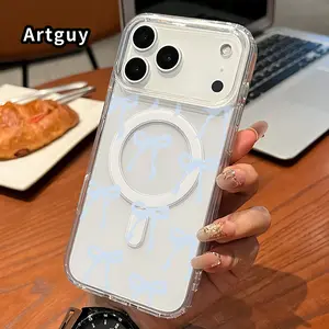Magnetic Phone Case Supports Wireless Charging for iPhone 17 16  Pro Max Plus 15 14 13 12 11 Air E Blue Bow Elegance Pattern Non-Yellowing Shockproof Soft Silicone Transparent Acrylic Large Hole Cover