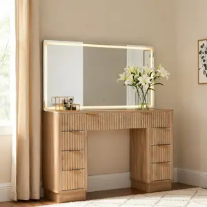 OKD Vanity Set with Mirror Tri-Color Lights, 8-Drawer Glass Top Makeup Cabinet, Built-In Power Outlets