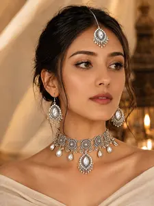 Women’s Boho Jewelry Set, Crystal Choker Necklace Earrings & Forehead Chain, Ethnic Indian Style Statement Jewelry for Wedding Party Festival