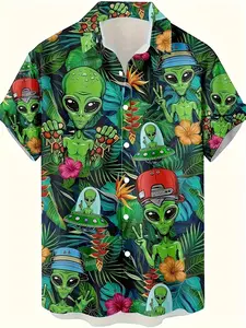 A stylish choice: Hawaiian-inspired alien print men's short-sleeved collared shirt - relaxed fit, fabric, machine washable, perfect for summer vacations and weekend getaways.