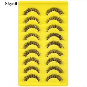 Skynii False Eyelashes Natural Russian Strip Lashes Wispy Cat Eye Mink Lashes 3D D Curl Fake Eyelashes Lightweight Transparent Band Handmade Reusable Lashes Pack
