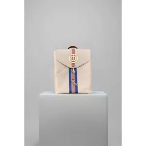 Sapphire Backpack Zeta Phi Beta Inspired Beige Vegan Leather Canvas with Navy Stripe and Caramel-Brown Trim Adjustable Straps and Spacious Interior