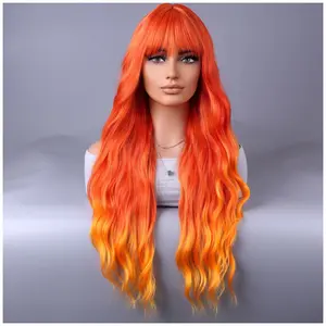 Orange Wigs Women Long Wavy Flame Fire Colored Wig with Bangs 26 Inches Curly Synthetic for  Party Wigs Wig Cap Included