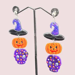 Witchy Pumpkin Skulls Halloween Earrings with Glitter Witch Hat and Colorful Skull Charms for Festive Outfits