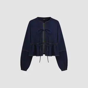 Cider [size 0-10] Denim Round Neckline Tie Front Ruffle Hem Jacket