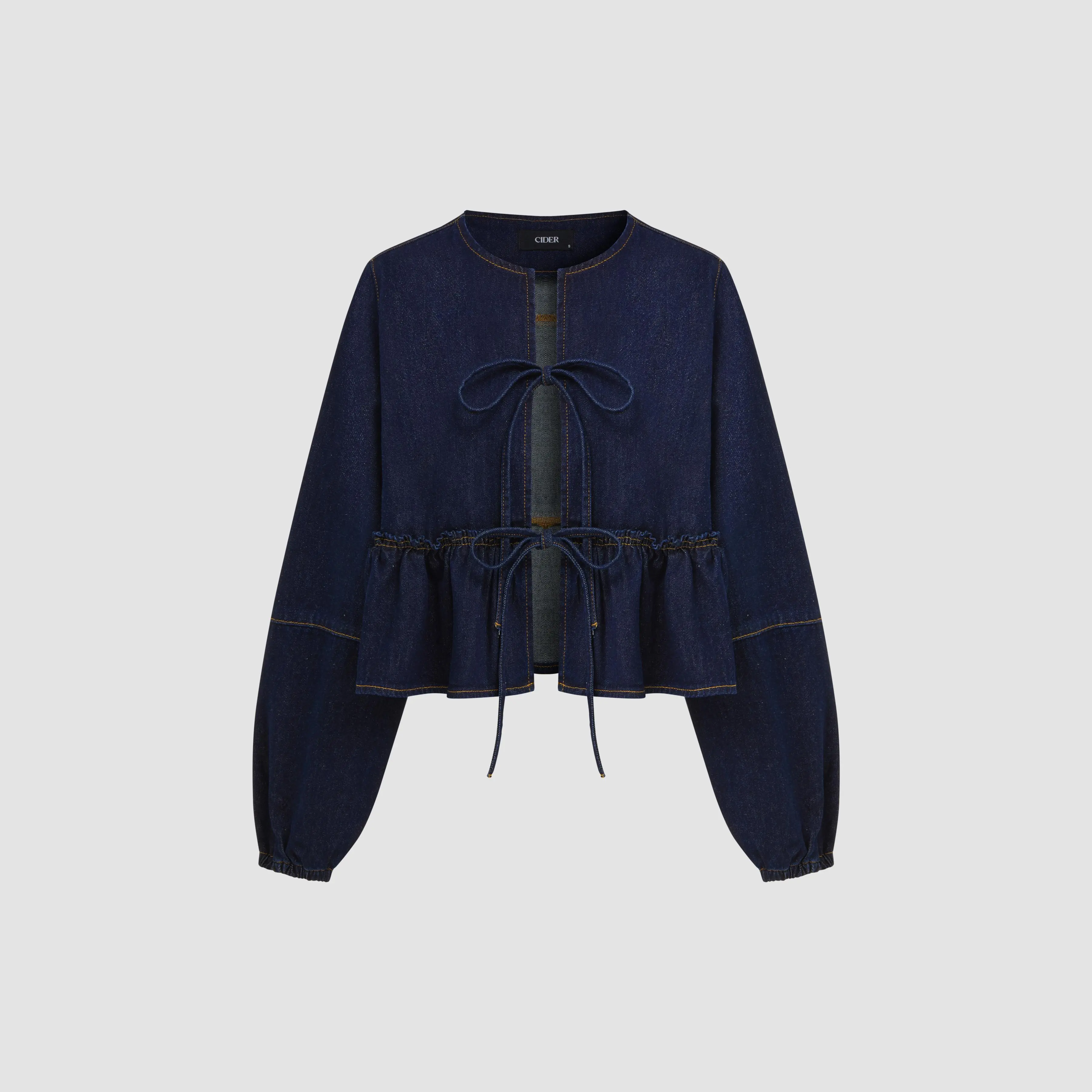 Cider [size 0-10] Denim Round Neckline Tie Front Ruffle Hem Jacket SummerFinds