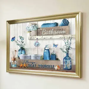 1pc Framed Gold Frame Rustic Farmhouse Style Bathroom Decor Canvas Art Print For Bathroom Living Room And Bedroom With Coastal Elements And Wooden Signage