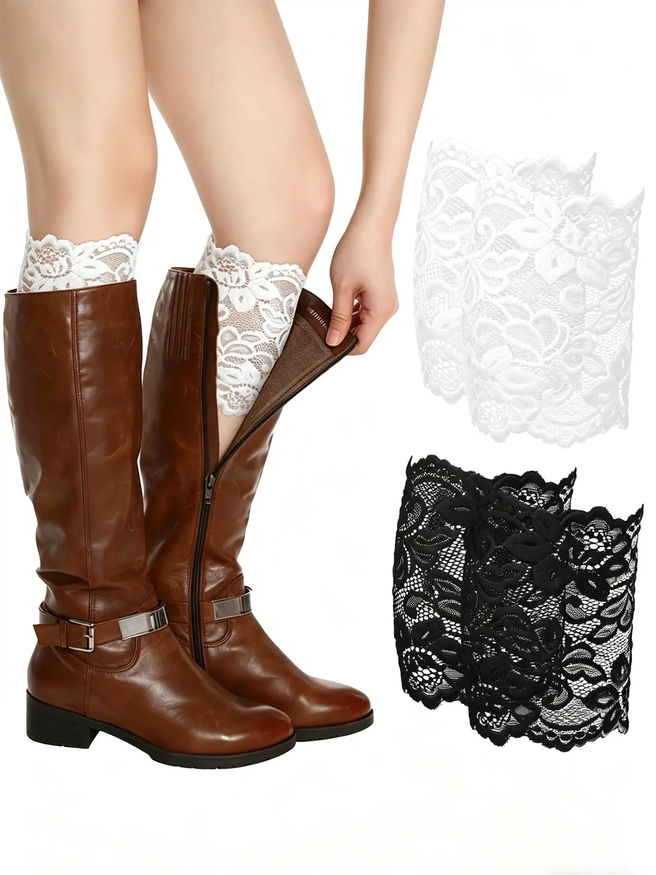 2 Pairs Decorative Lace Boot Cuffs for Women, Stretch Floral Lace Boot Toppers Socks, Black & White Vintage Aesthetic Lace Leg Warmers for All-Season