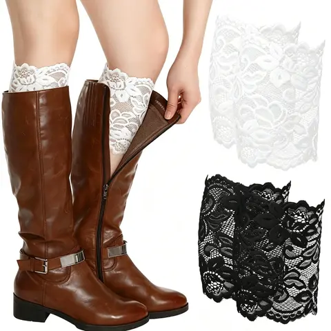 2 Pairs Decorative Lace Boot Cuffs for Women, Stretch Floral Lace Boot Toppers Socks, Stretchy Material, Black & White Vintage Aesthetic Lace Leg Warmers for All-Season