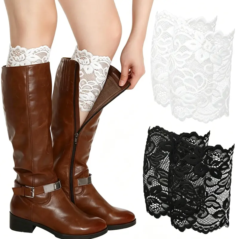 2 Pairs Decorative Lace Boot Cuffs for Women, Stretch Floral Lace Boot Toppers Socks, Stretchy Material, Black & White Vintage Aesthetic Lace Leg Warmers for All-Season