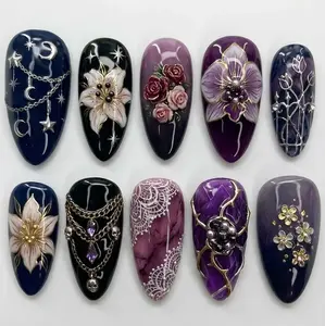 Handmade Celestial Floral Press On Nails | 3D Moon, Star & Rose Art Design | Luxury Purple Navy Almond Nail Set