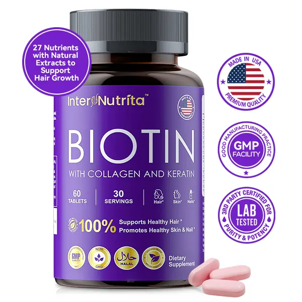 Biotin Hair Growth Supplement: 100% Natural, 5000mcg Biotin, 27 Nutrients, Plant Extracts, Made in the USA. Healthcare Dietary
