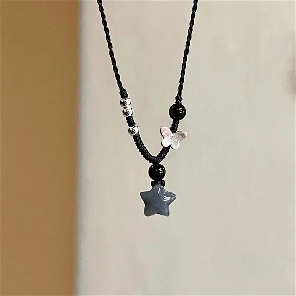2025 New Vintage Chinese Style Star Butterfly Jade-Like Choker Necklace Woven Pendant Minimalist Jewelry Gift