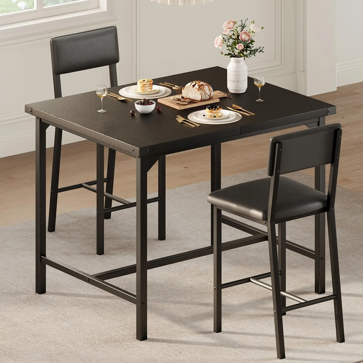 Garvee Sturdy 3-Piece Counter Height Dining Table Set (35.63x29.53x35.63 in, 44.6 lbs) with Footrest, Corner Protector & 2 Ergonomic PU Leather Upholstered Bar Stools, Rustic Black Finish for Dining Room, Apartment