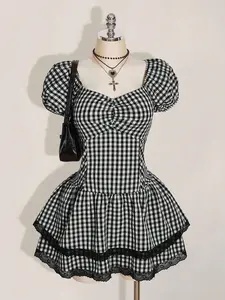 Retro Gingham Dress  Plus Size Puff Sleeve Cake Skirt