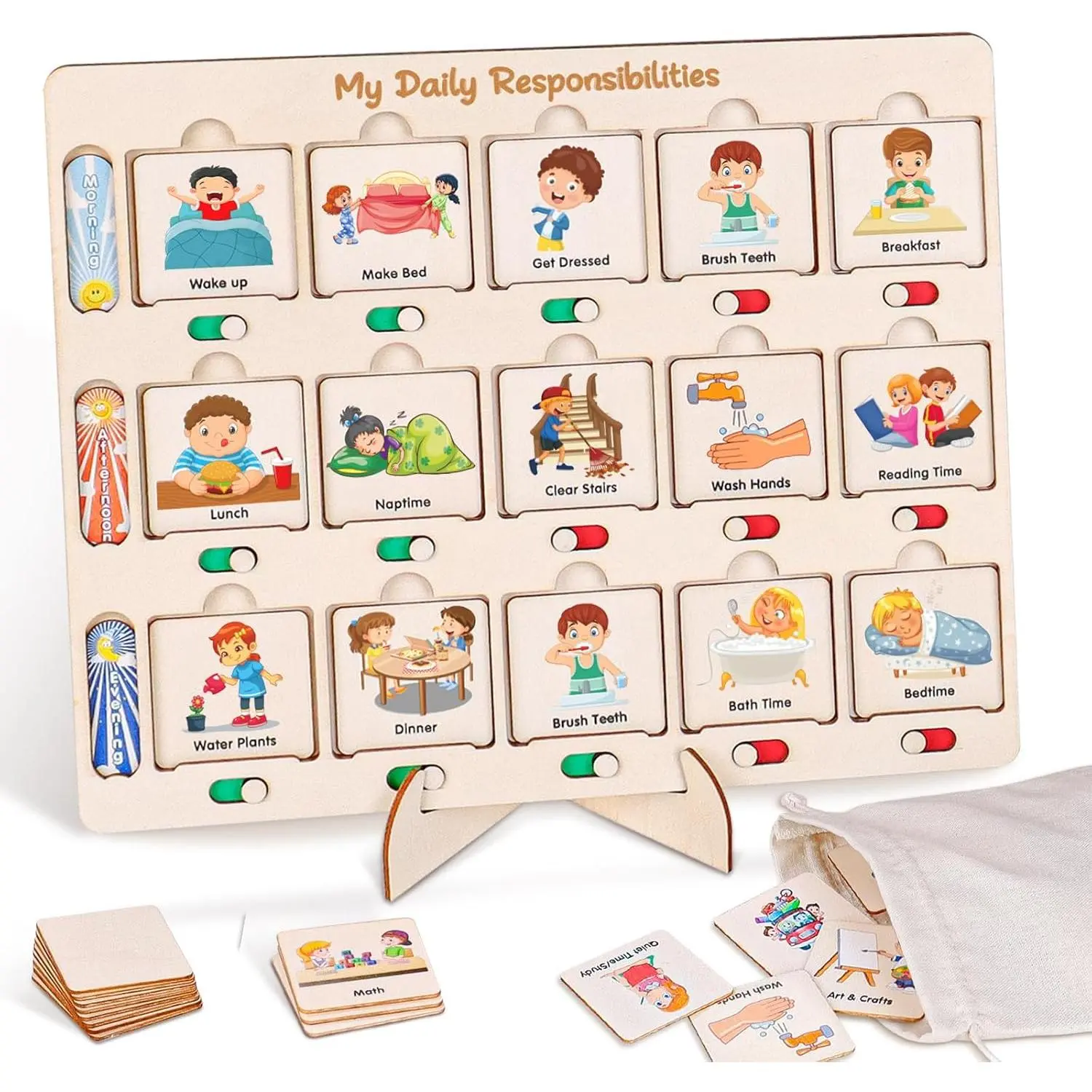 Wooden Visual Schedule for  Chore Chart, Morning Bedtime Daily Routine Chart for ,  Learning Materials for Homeschool Classroom,76 Wooden Cards.