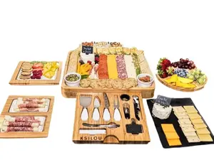 charcutrie Boards,Bamboo Cheese Board Set Includes a Side Cheese Tray, a Round Fruit Tray, Ceramic Bowls, Three Serving Plates