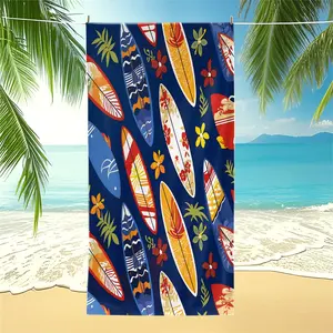 Tropical Surfboard & Floral Print Beach Towel, Oversized Quick Dry Microfiber Bath Towel, Super Absorbent Sand Free Beach Blanket for Summer Vacation, Hawaii Surfing Pool Gift
