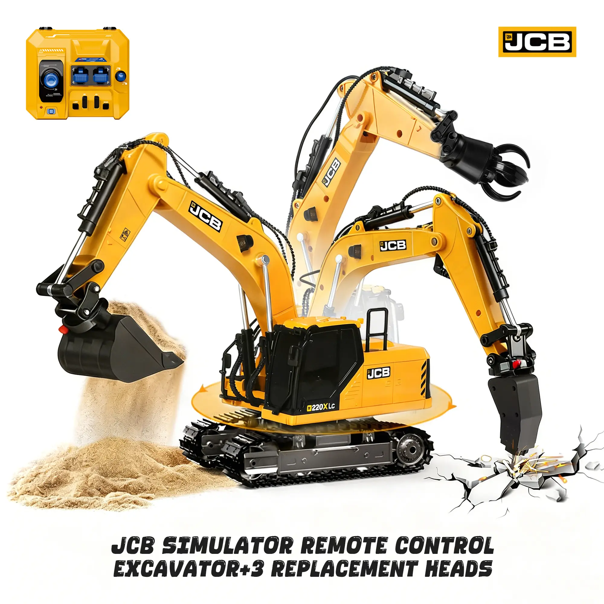 BRRRRT Remote Control Excavator 3 in 1Remote Control Construction Vehicles with Drill Bit, Grab Bucket & Digging Hook,14 Channel RC Excavator with Lights & Sounds for Adults Kids Boys Girls