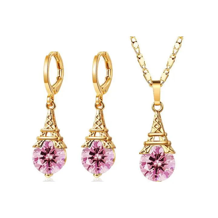 18K Gold Plated Eiffel Tower Necklace & Earrings Jewelry Set with Cubic Zirconia