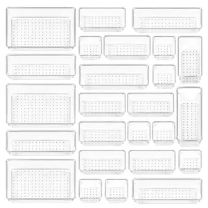 25PCS Clear Plastic Drawer Organizer Set 4 Sizes Desk Dividers Storage Bins for Makeup Jewelry Gadgets Kitchen Bedroom Bathroom Office Organization Home Decor with Divided Compartments Adjustable Transparent Boxes