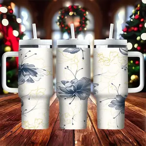 40oz Blue Gold Floral Marble Insulated Tumbler with Handle, Double Wall Stainless Steel Vacuum Mug, Elegant Blue Flower with Gold Vein Print Cup for Christmas Birthday Mother's Day Valentine's Day New Year Thanksgiving Gift