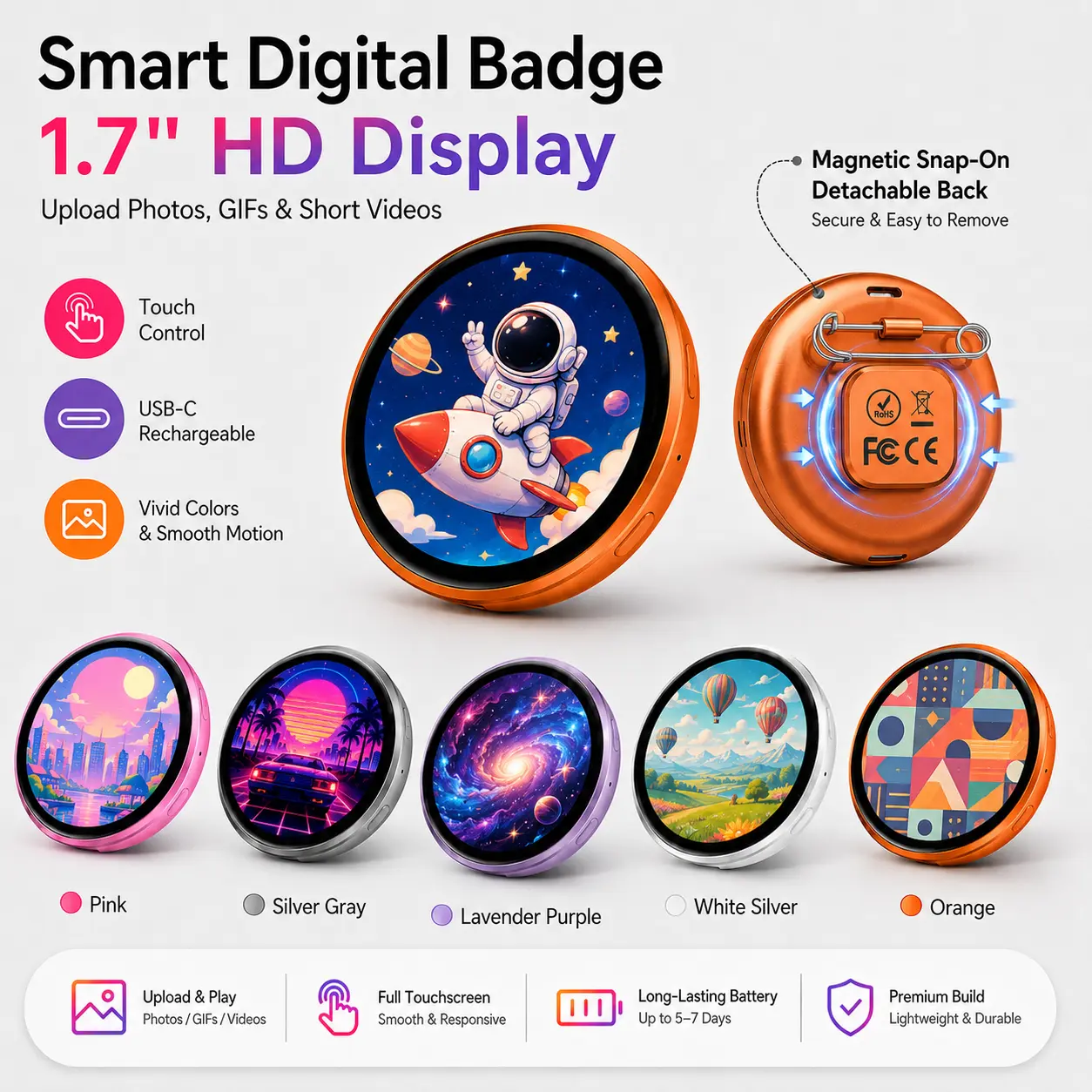 Smart Digital Badge, HD Display Electronic Badge with Detachable Magnetic Back, UploadPhotos GIFs & Short Videos, Full Touchscreen Rechargeable Digital Pin Badge for Backpack,Jacket, Events, Cosplay