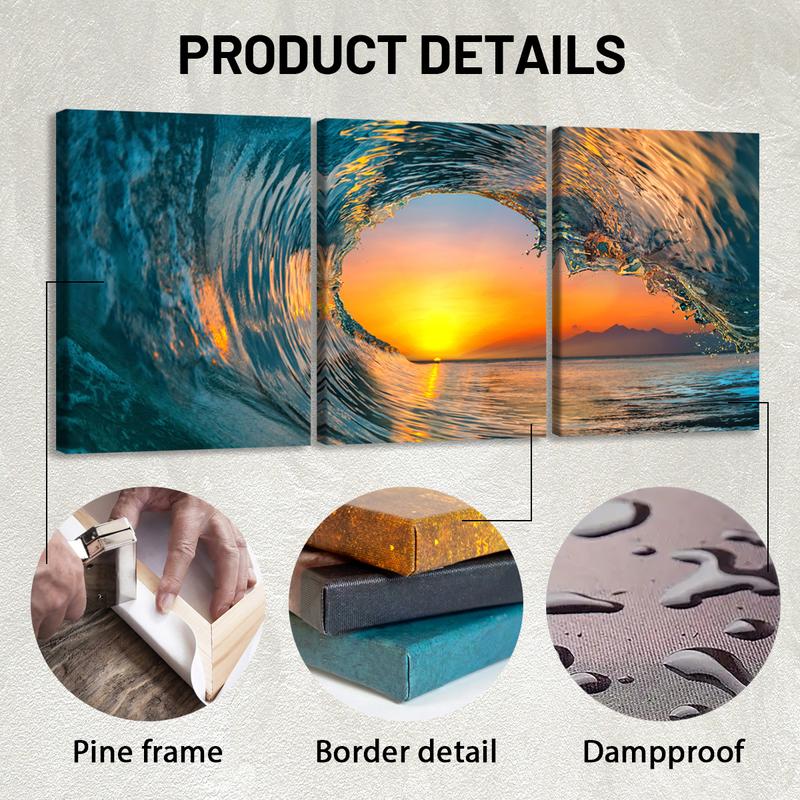 3Pcs Wooden Framed Canvas Painting, Ocean Sunset Beach Waves Scene, Exquisite Poster, Home Decoration, Pattern Wall Art Decor, For Living Room, Bedroom, Office, Restaurant, Bar Wall Decor, Odorless, Painting, Print Artwork. 3Pcs Wooden Framed Canvas Painting, Ocean Sunset Beach Waves Scene, Exquisite Poster, Home Decoration, Pattern Wall Art Decor, For Living Room, Bedroom, Office, Restaurant, Bar Wall Decor, Odorless, Painting, Print Artwork.