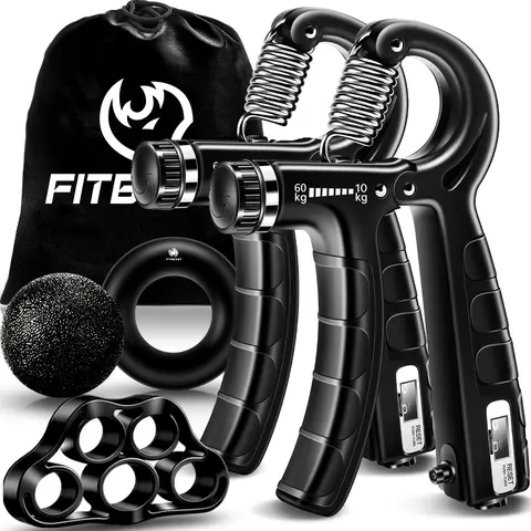 FitBeast 5-Pack Counting Hand Strengthening Functional Kit - Unisex Hand Grip Exerciser, Strength Training Equipment with 2 Adjustable Forearm Trainers, Finger Stretcher, Grip Ring, Stress Relief Ball for Athletes (10lbs to 132lbs)