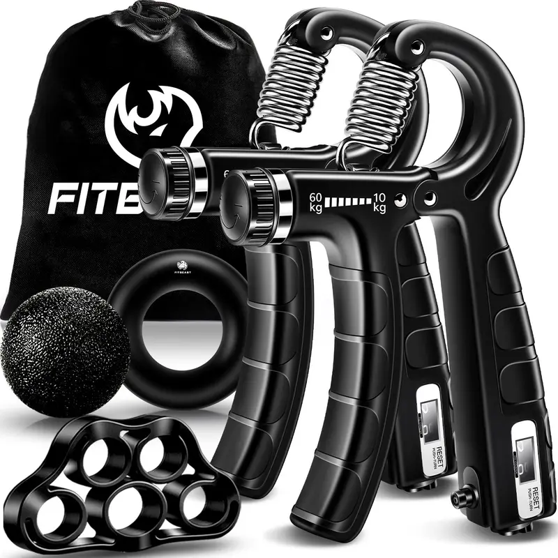 FitBeast 5-Pack Counting Hand Strengthening Functional Kit - Unisex Hand Grip Exerciser, Strength Training Equipment with 2 Adjustable Forearm Trainers, Finger Stretcher, Grip Ring, Stress Relief Ball for Athletes (10lbs to 132lbs)