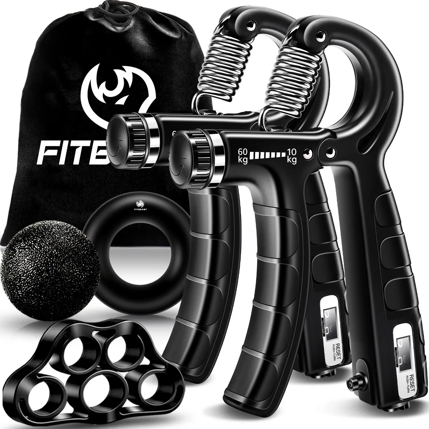 FitBeast Counting Hand Grip Strengthener Workout Kit (5 Pack), 2 Forearm Grip Adjustable Resistance Hand Gripper, Finger Stretcher, Grip Ring & Stress