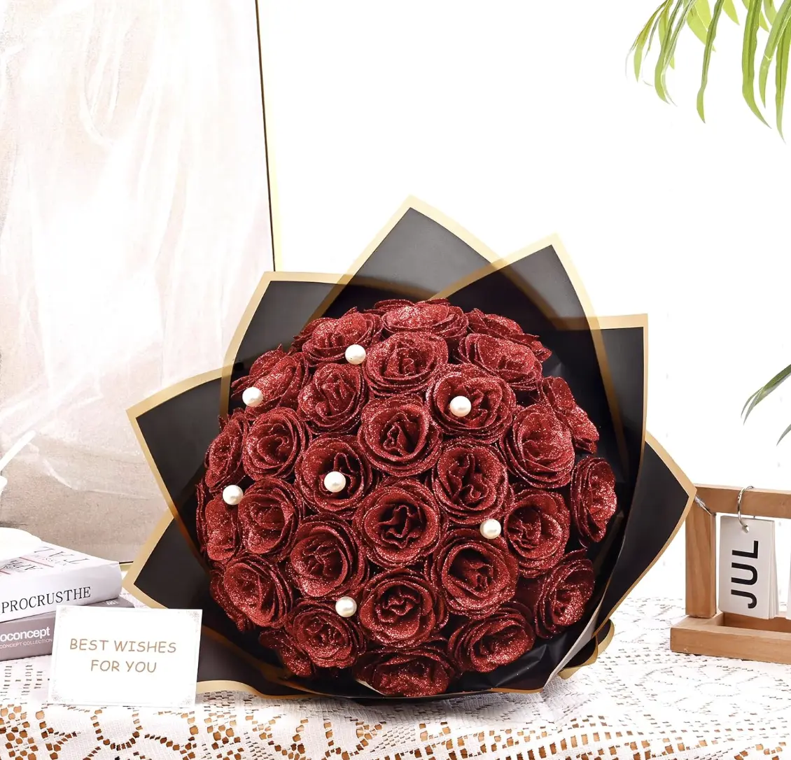 24Pcs Red Glitter Roses Bouquet, DIY Fake Flowers Bouquet, Everlasting Shiny Artificial Rose Bouquet for Valentines Day Anniversary Engagement Wedding
