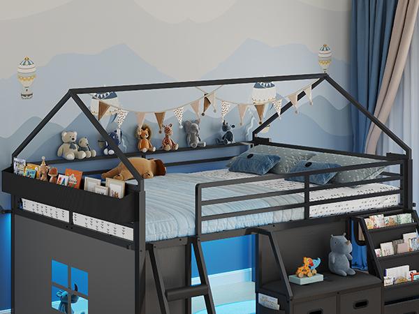 ADORNEVE Low Loft Bed Full Size with Bookshelf and Reading Nook LED Loft Bed with 3 Drawers and Under-Bed Play Space Loft Bed with Safety Guardrail and Inclined Ladde Play Curtain